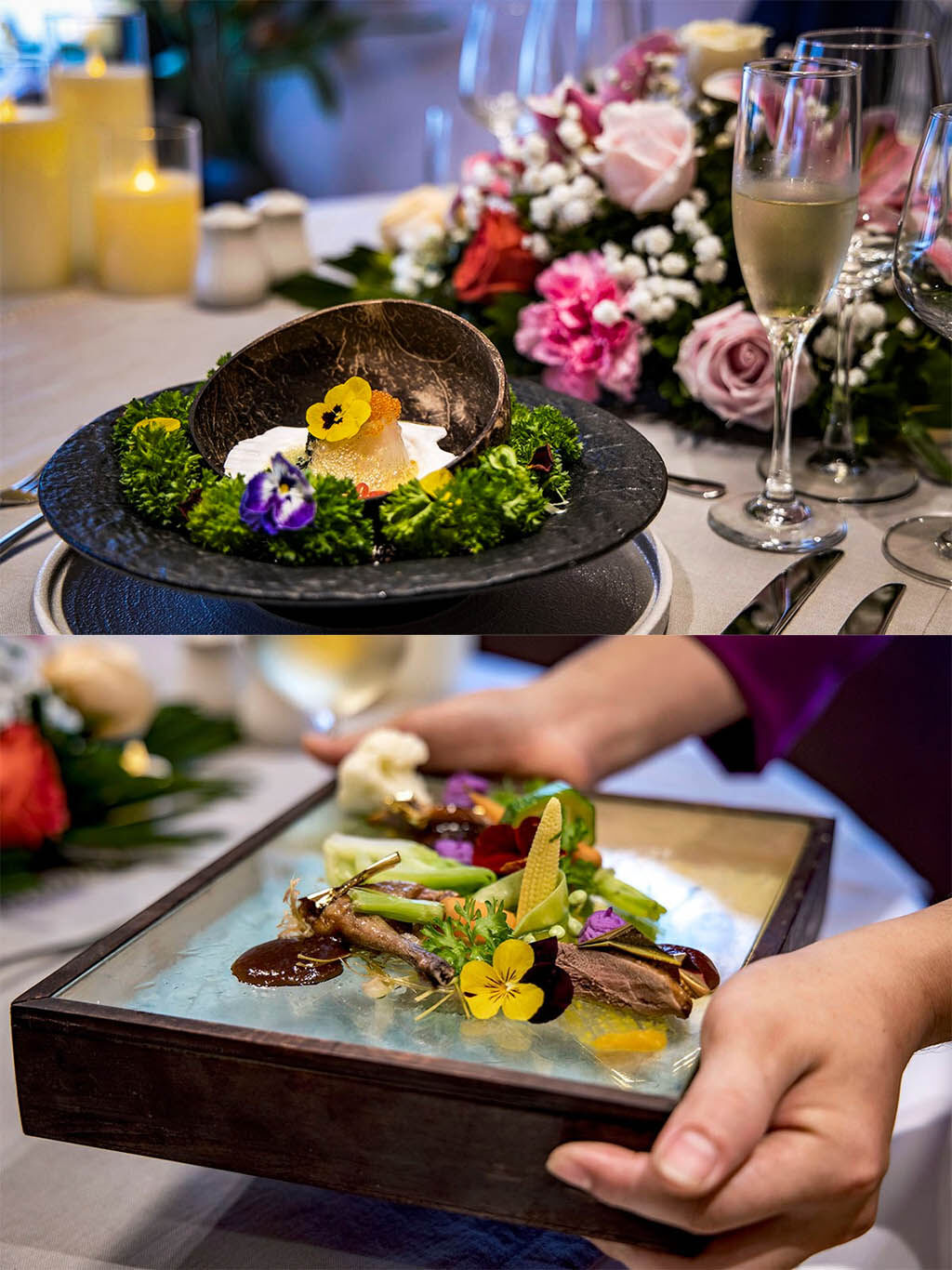Savor gourmet dining while anchored among Halong Bay’s islands